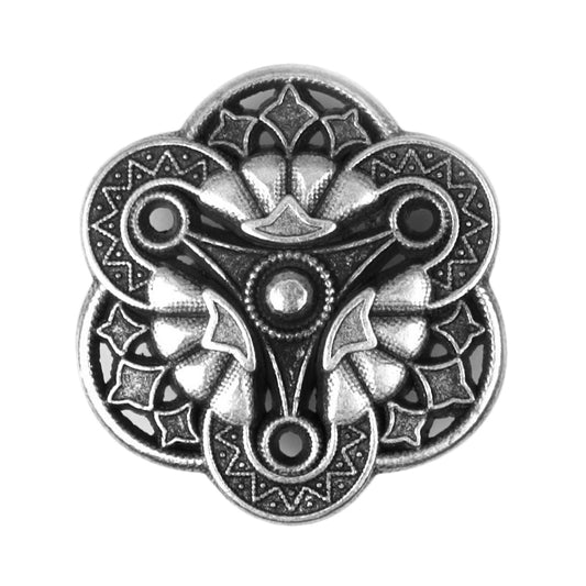 Antique silver ornate metal shank button with a scalloped design