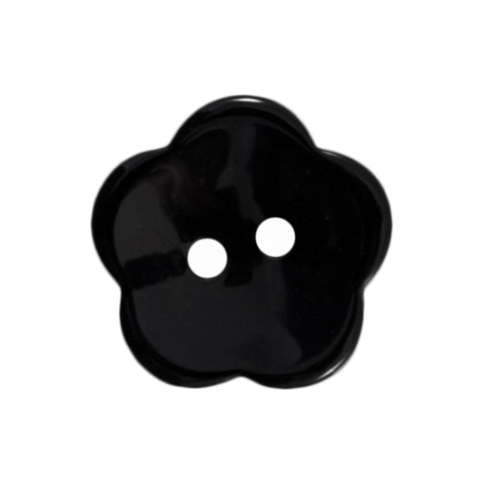 Glossy black five-petal flower button with two holes