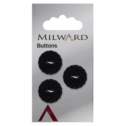 Milward 19mm round black button with a twisted rope texture and two holes