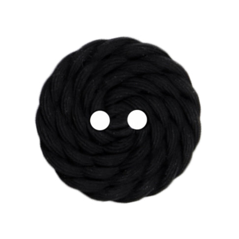 Milward 19mm round black button with a twisted rope texture and two holes