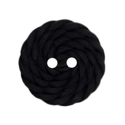 Milward 19mm round black button with a twisted rope texture and two holes