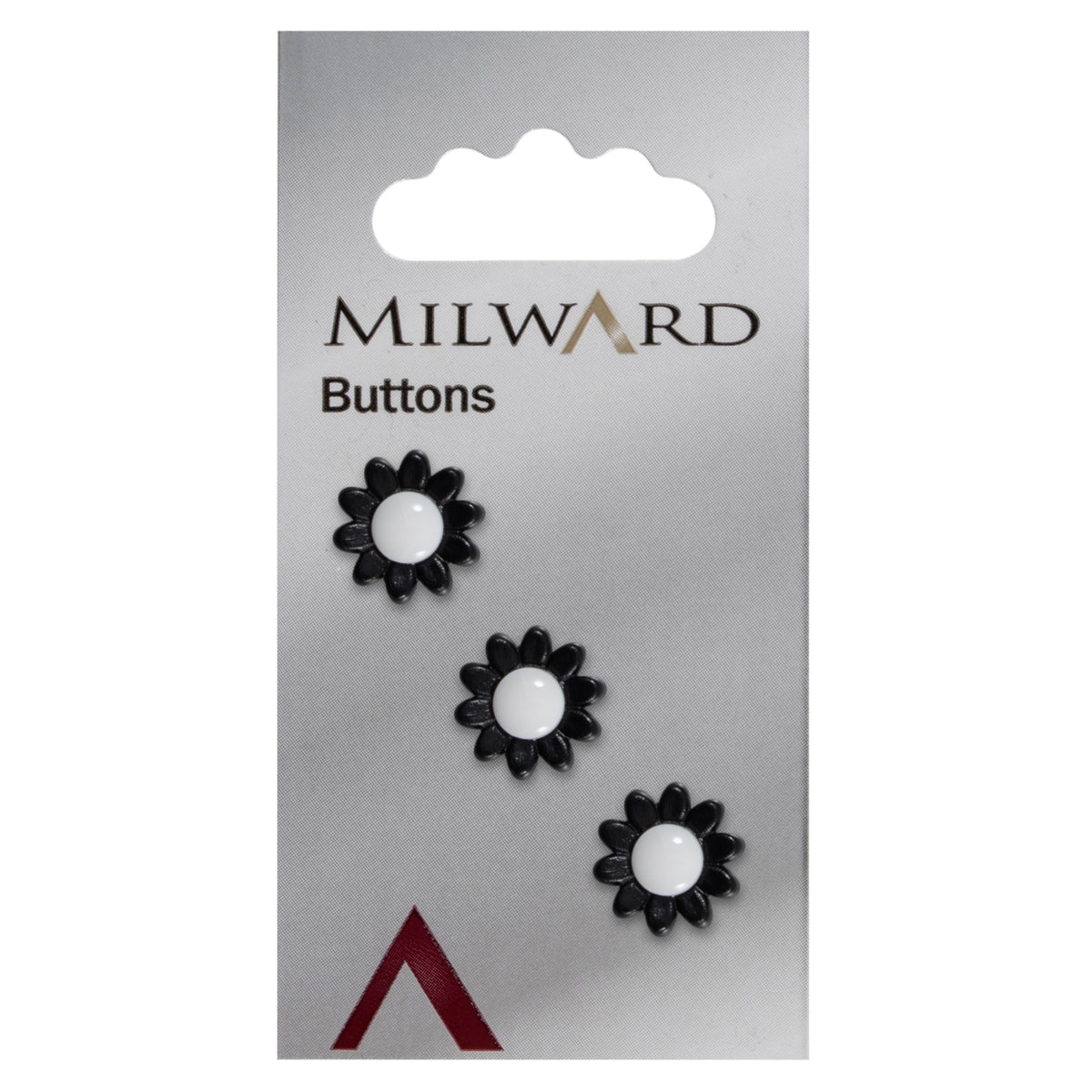 Black daisy-shaped button with a white centre