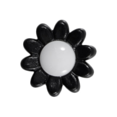 Black daisy-shaped button with a white centre