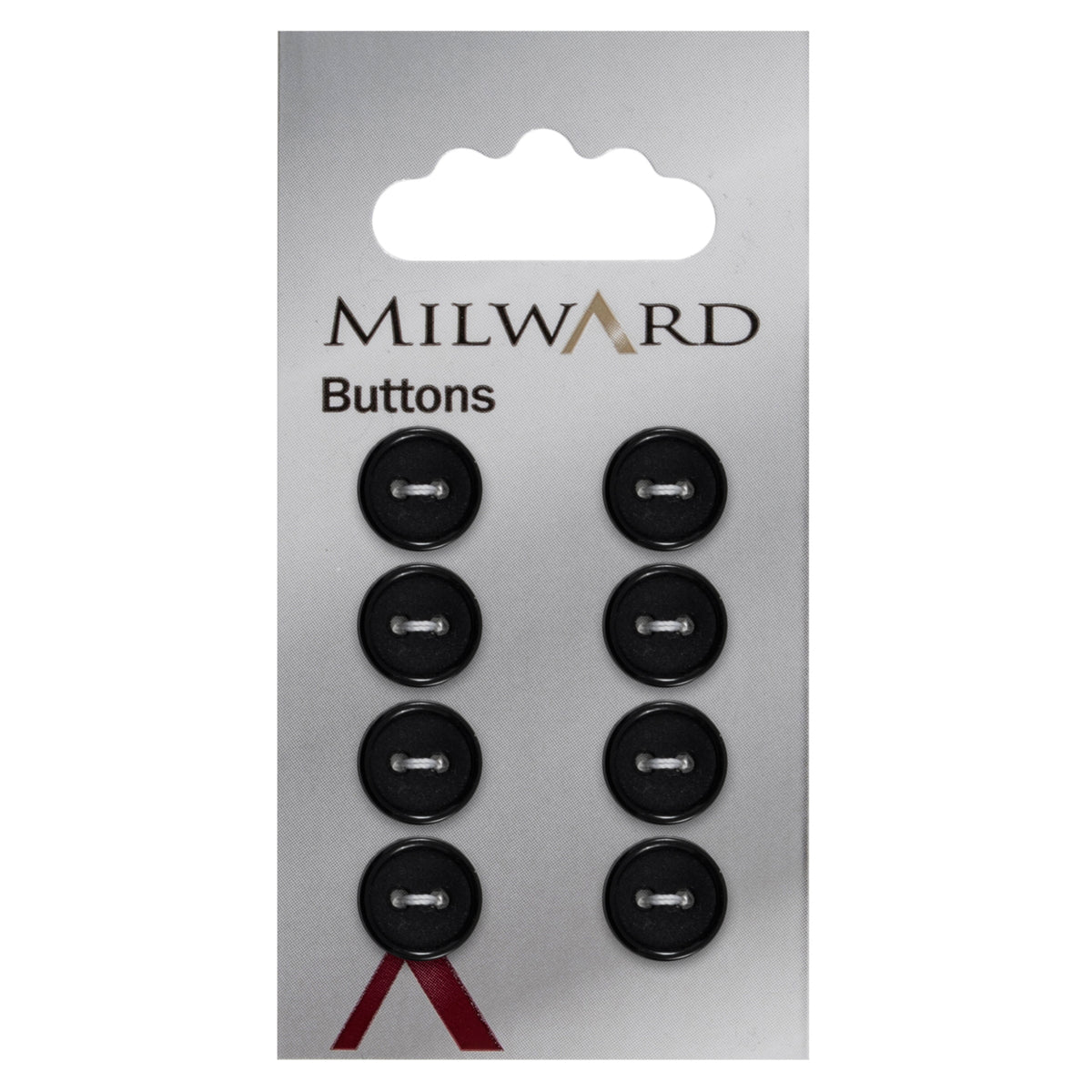 Black round button with glossy rim, matt centre and two holes