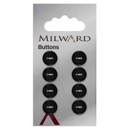 Black round button with glossy rim, matt centre and two holes