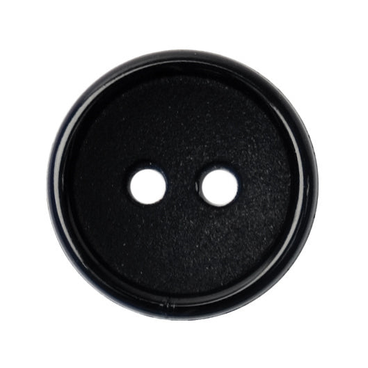 Black round button with glossy rim, matt centre and two holes