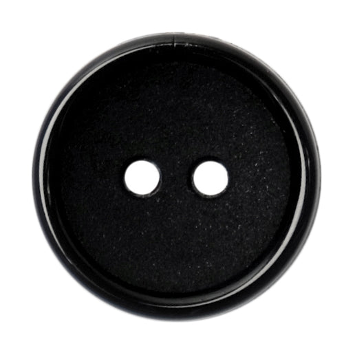 Black round button with glossy rim, matt centre and two holes