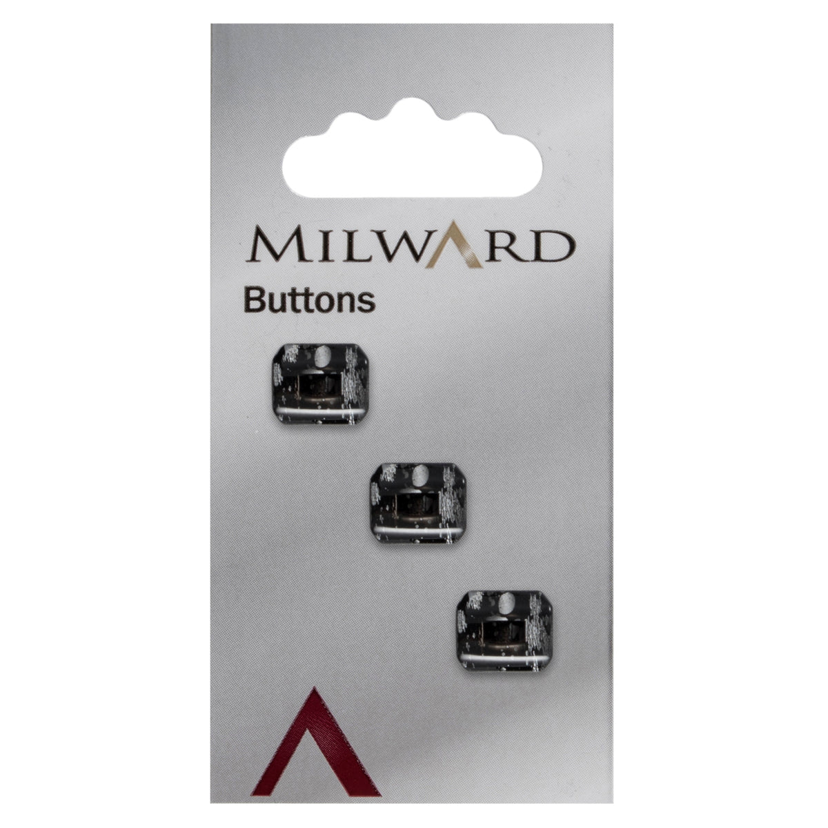 Rectangular black button with clear edges and silver flecks