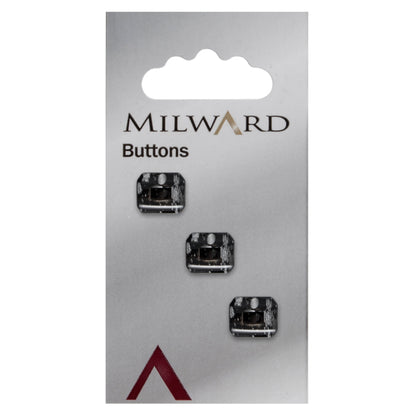 Rectangular black button with clear edges and silver flecks
