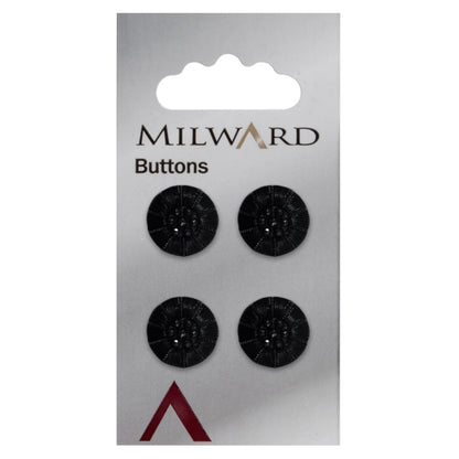 Round black button with faceted centre and radiating ribbed lines