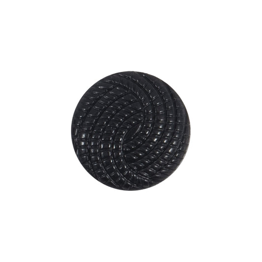 Round black button with a textured swirl pattern