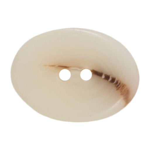 Cream oval shell-look button with brown streak and two holes