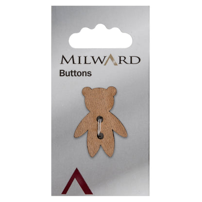 Brown wood-effect teddy bear shaped button with two holes