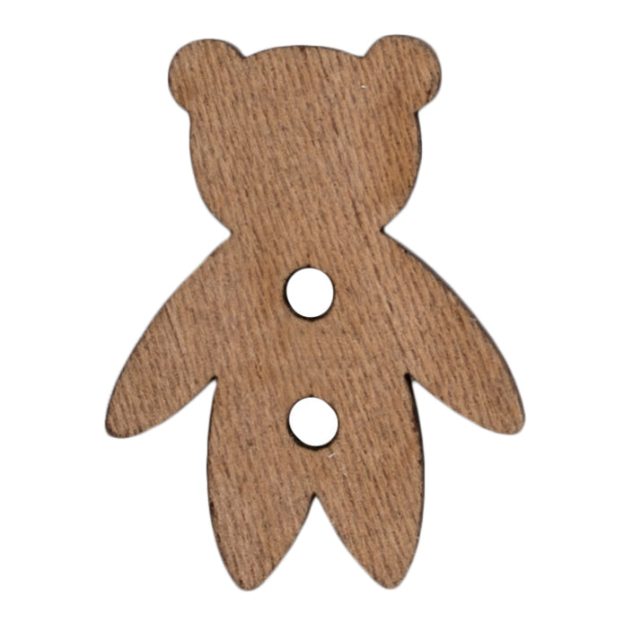 Brown wood-effect teddy bear shaped button with two holes