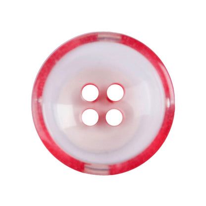 Milward 17mm round white button with a translucent red striped rim and four holes