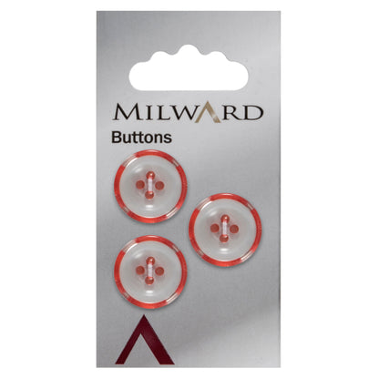 Milward 17mm round white button with a translucent red striped rim and four holes