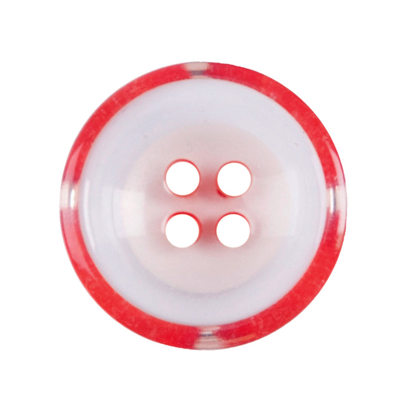 Milward 17mm round white button with a translucent red striped rim and four holes