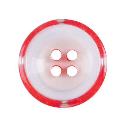 Milward 17mm round white button with a translucent red striped rim and four holes