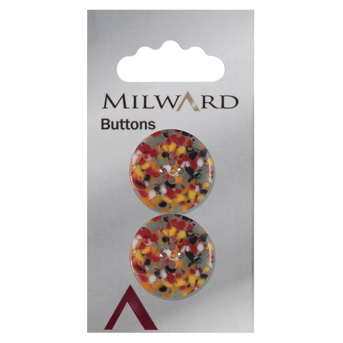 Milward 22mm round button speckled with red, yellow, black, white and grey chips, with four holes