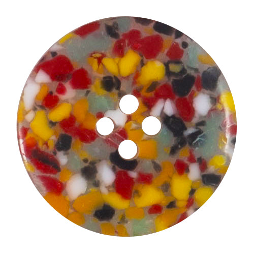 Milward 22mm round button speckled with red, yellow, black, white and grey chips, with four holes