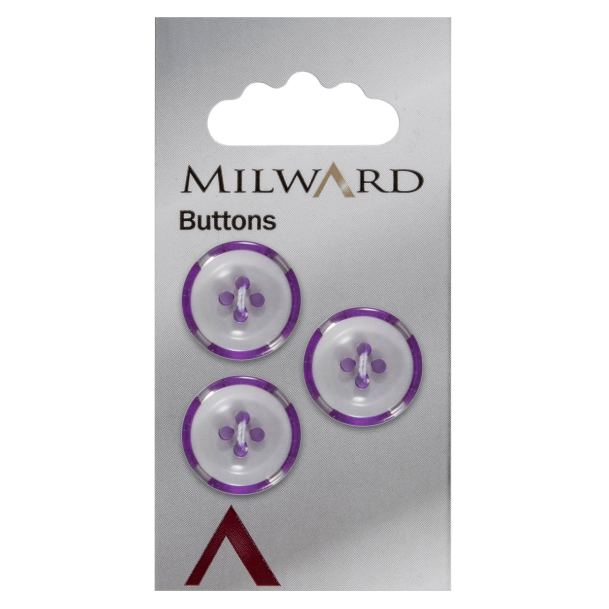 Milward 17mm round white button with a translucent purple striped rim and four holes