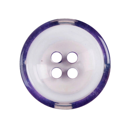 Milward 17mm round white button with a translucent purple striped rim and four holes