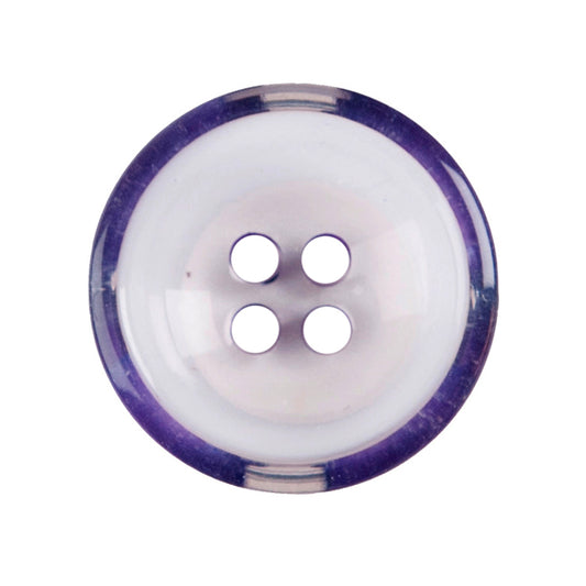 Milward 17mm round white button with a translucent purple striped rim and four holes