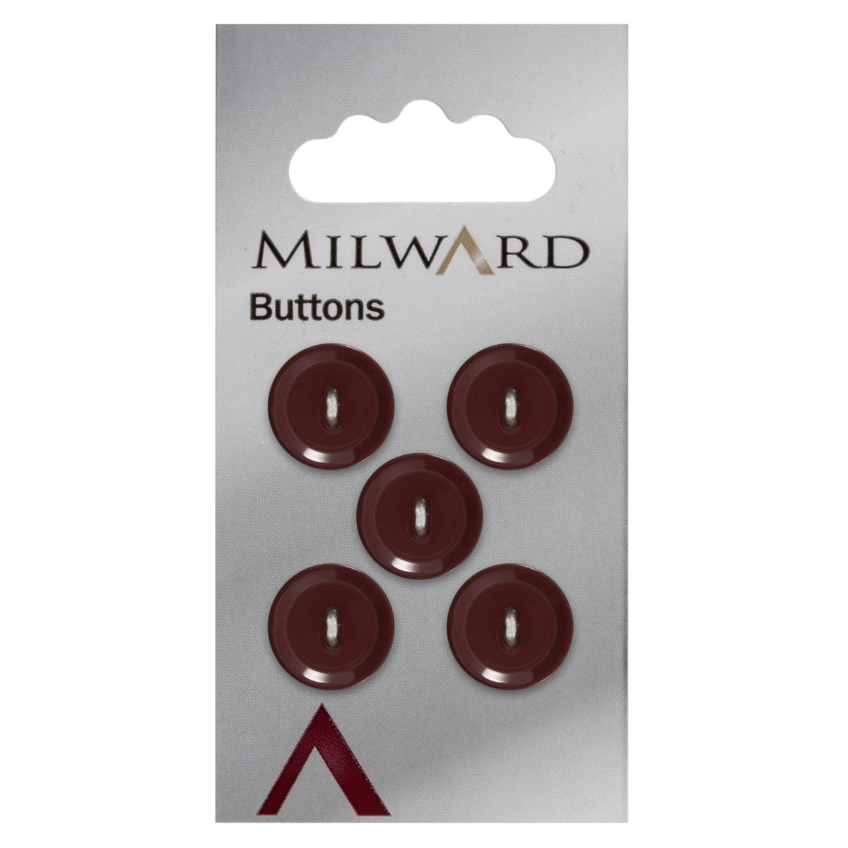 Milward 15mm round glossy burgundy brown button with a raised rim and two holes