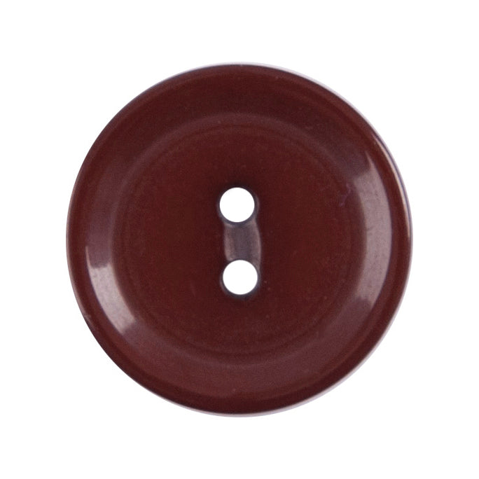 Milward 15mm round glossy burgundy brown button with a raised rim and two holes
