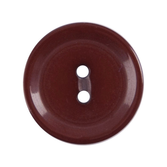 Milward 15mm round glossy burgundy brown button with a raised rim and two holes