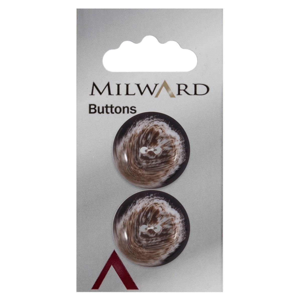 Brown Horn Effect round 2-hole button, marbled brown, cream and dark brown imitation horn finish