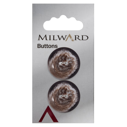 Brown Horn Effect round 2-hole button, marbled brown, cream and dark brown imitation horn finish