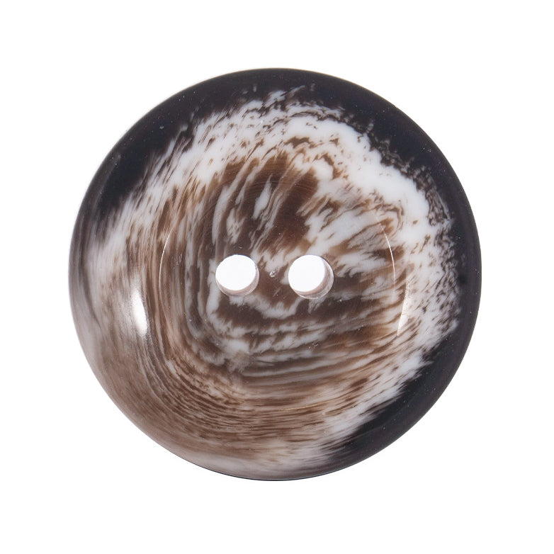 Brown Horn Effect round 2-hole button, marbled brown, cream and dark brown imitation horn finish