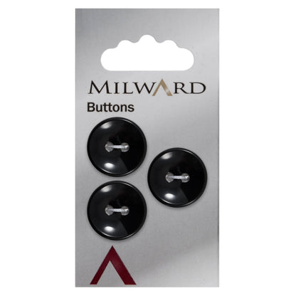 Black round 2-hole button, glossy black with a dished centre