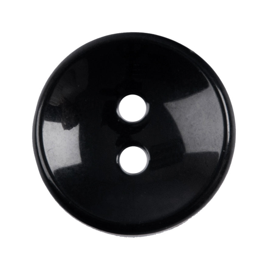 Black round 2-hole button, glossy black with a dished centre