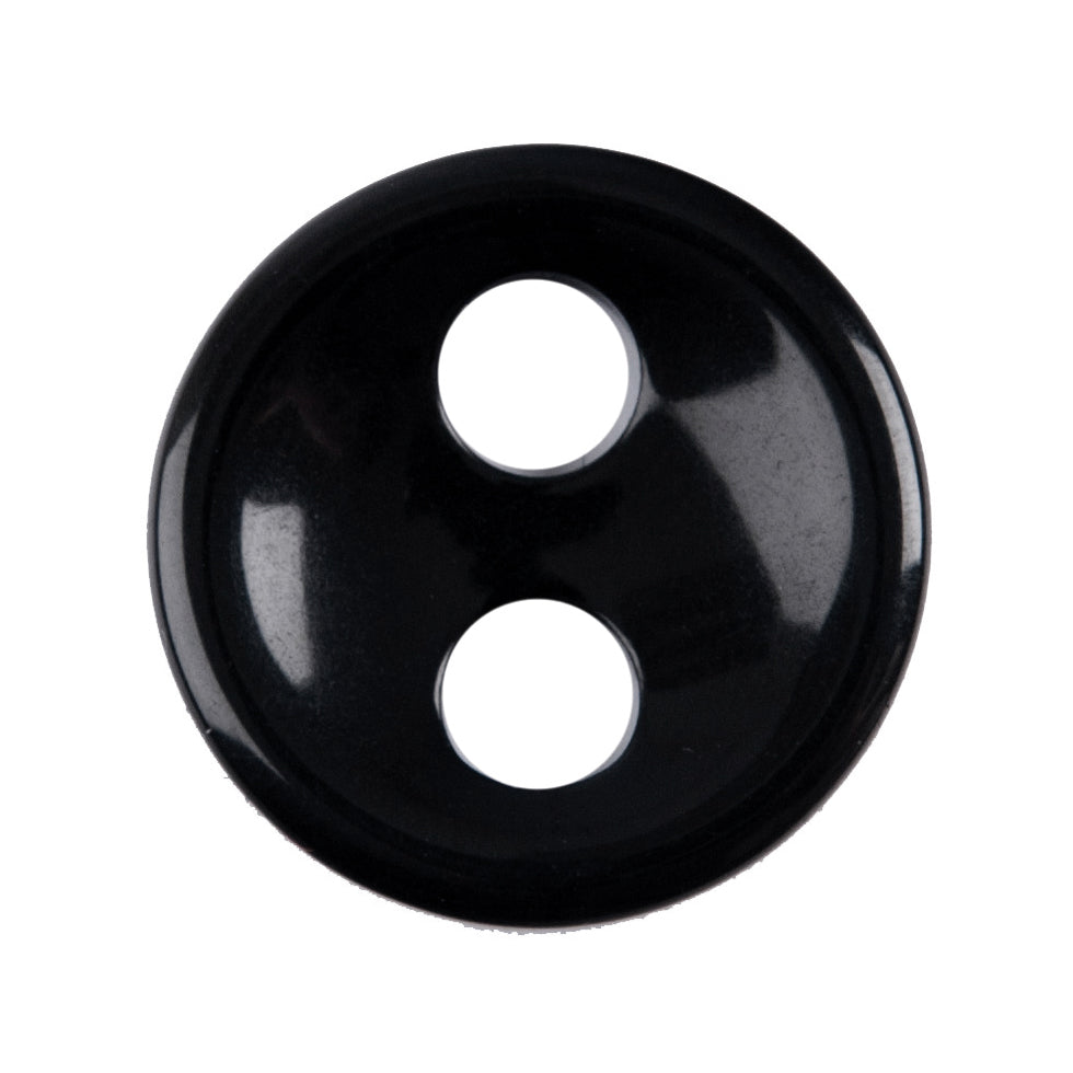 Black round 2-hole button, glossy black with a raised rim and large holes