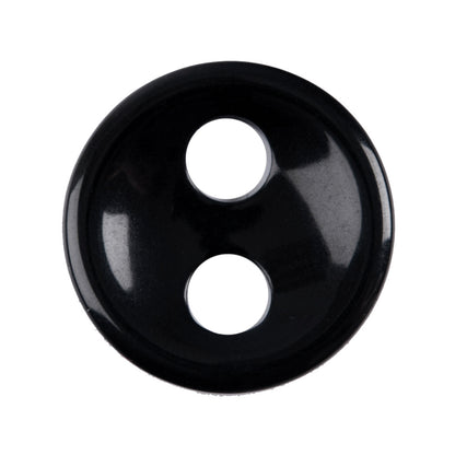 Black round 2-hole button, glossy black with a raised rim and large holes