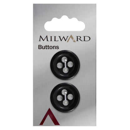 Black round 4-hole button, glossy black with a raised rim