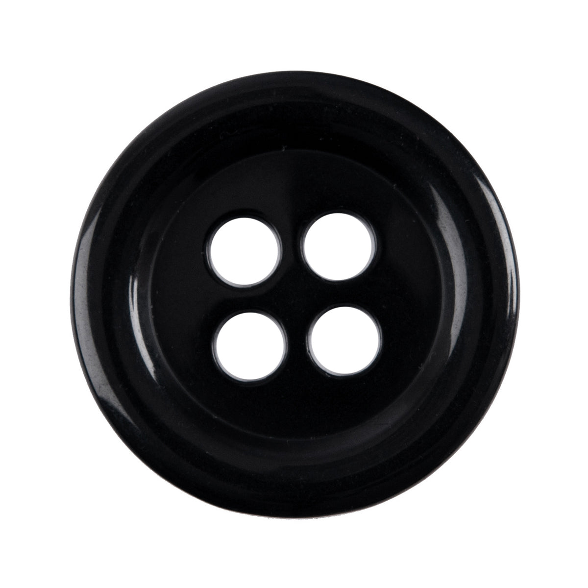 Black round 4-hole button, glossy black with a raised rim