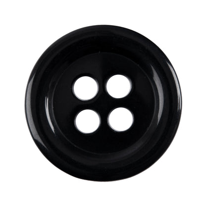 Black round 4-hole button, glossy black with a raised rim
