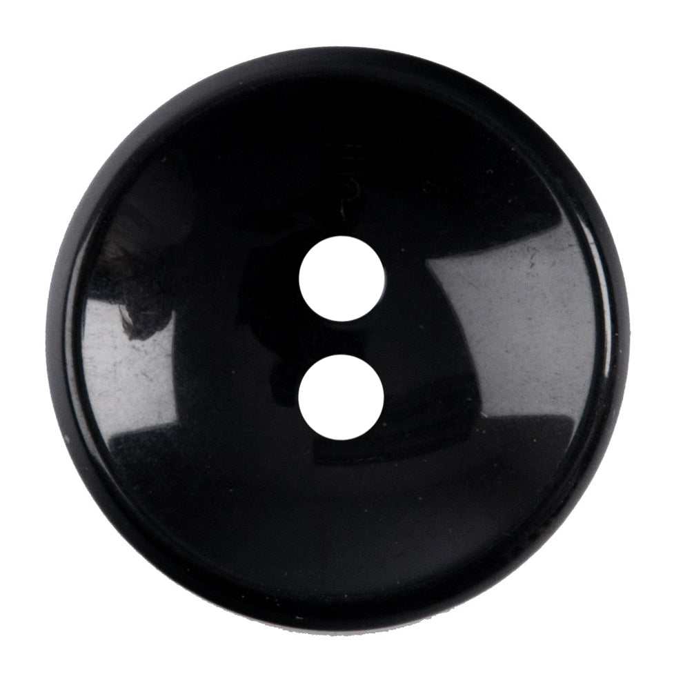 Black round 2-hole button, glossy black with a dished centre