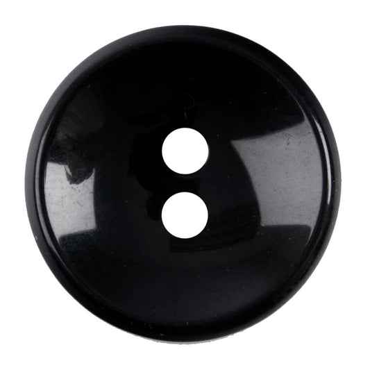Black round 2-hole button, glossy black with a dished centre