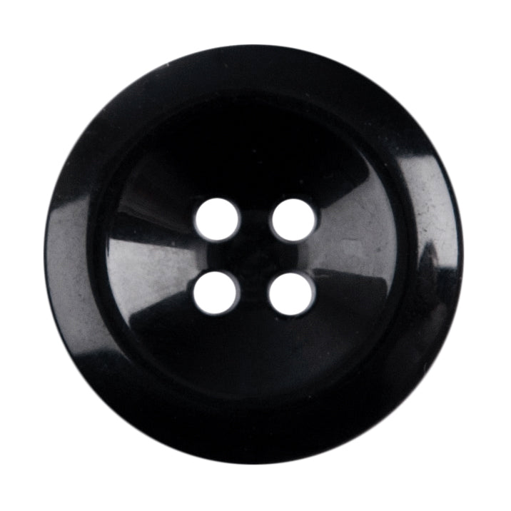 Black round 4-hole button, glossy black with a dished centre
