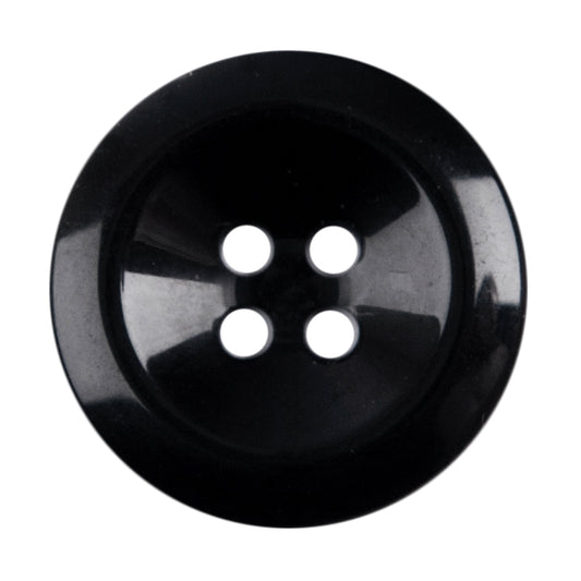 Black round 4-hole button, glossy black with a dished centre