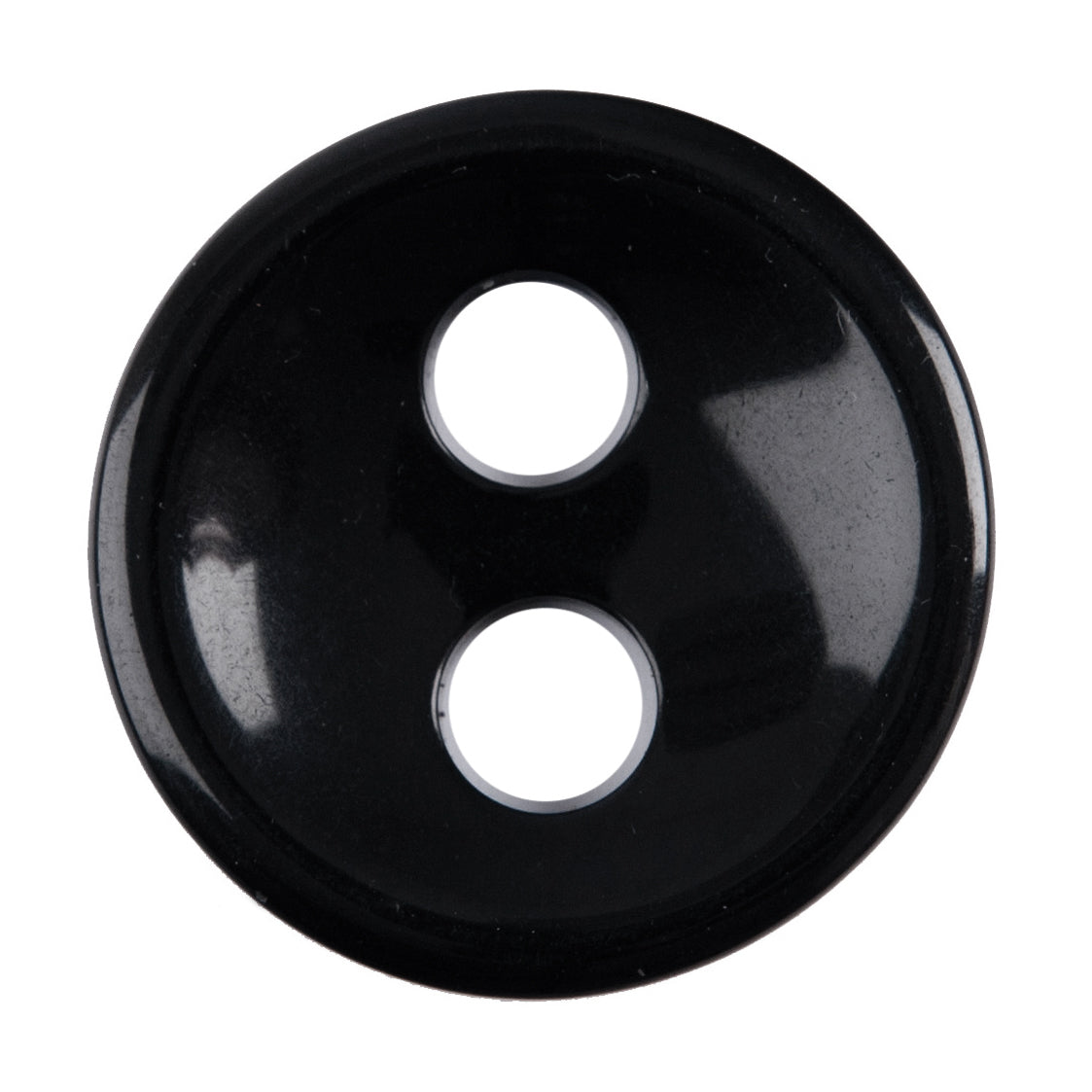 Black round 2-hole button, glossy black with a raised rim and large holes