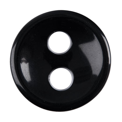Black round 2-hole button, glossy black with a raised rim and large holes