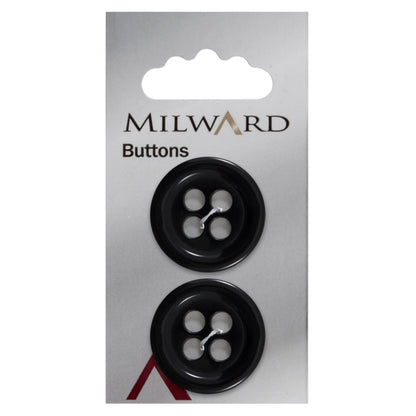 Black round 4-hole button, glossy black with a raised rim