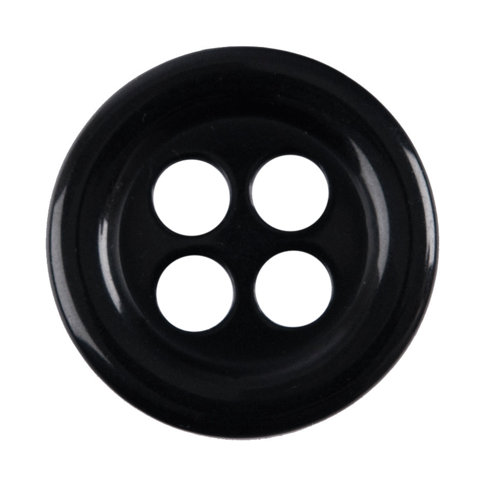 Black round 4-hole button, glossy black with a raised rim