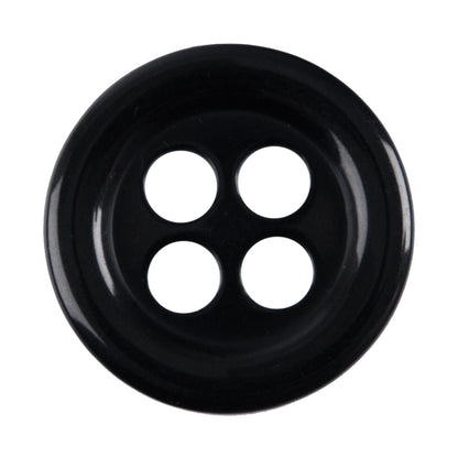 Black round 4-hole button, glossy black with a raised rim