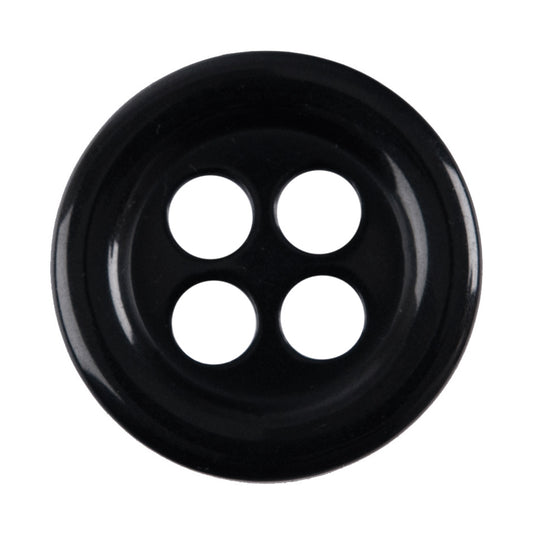 Black round 4-hole button, glossy black with a raised rim